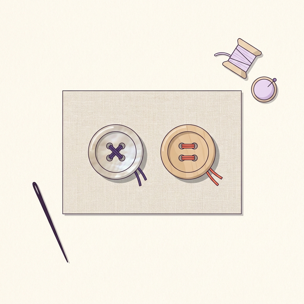 Overhead 2D vector illustration of two finished four hole buttons on a linen scrap one sewn in a cross pattern and one sewn parallel showing clean backs and trimmed thread tails how to sew on a 4 hole button by hand