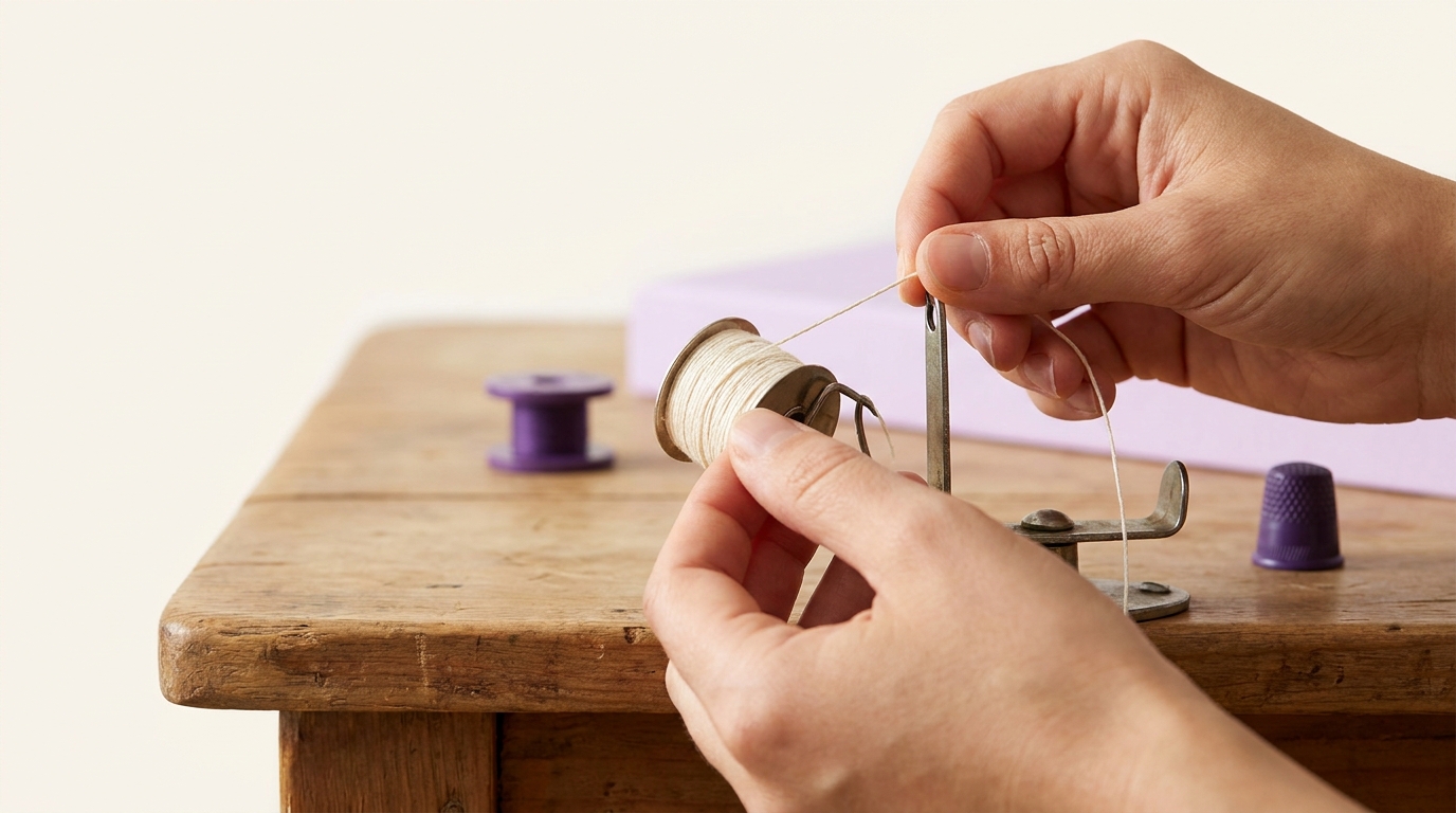 Hands routing thread through a bobbin winder guide on a wooden table with a neatly wound bobbin full frame tactile craft photograph what is the proper way to wind a bobbin