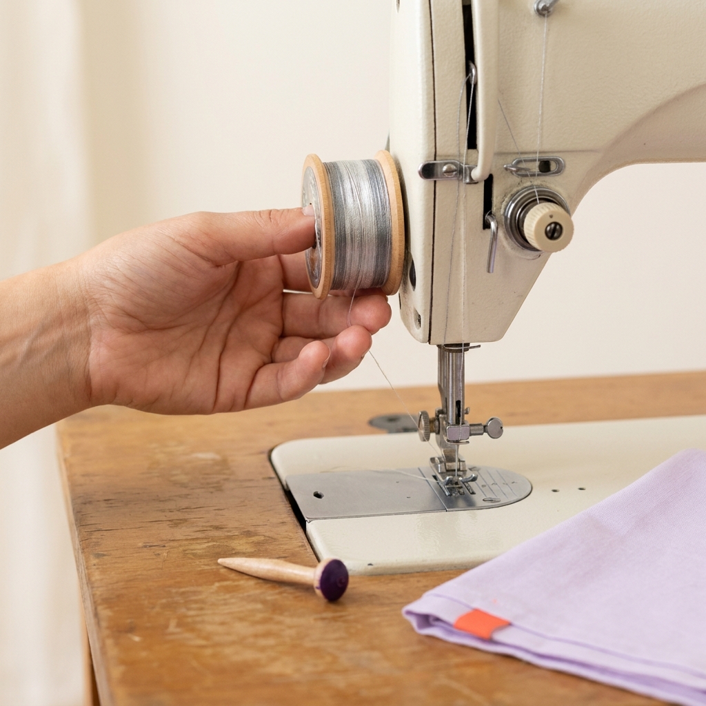 Close up of a hand guiding thread through a sewing machine bobbin spindle and tension disc on a clean worktable tactile focus on finger placement and tool textures what is the proper way to wind a bobbin