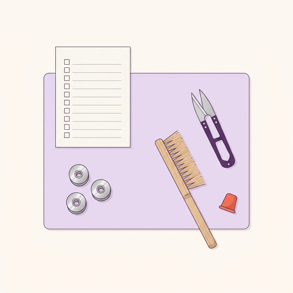 Overhead 2D vector of a blank sewing checklist next to spare metal bobbins a wooden lint brush and small snips on a cream worktable what is the proper way to wind a bobbin