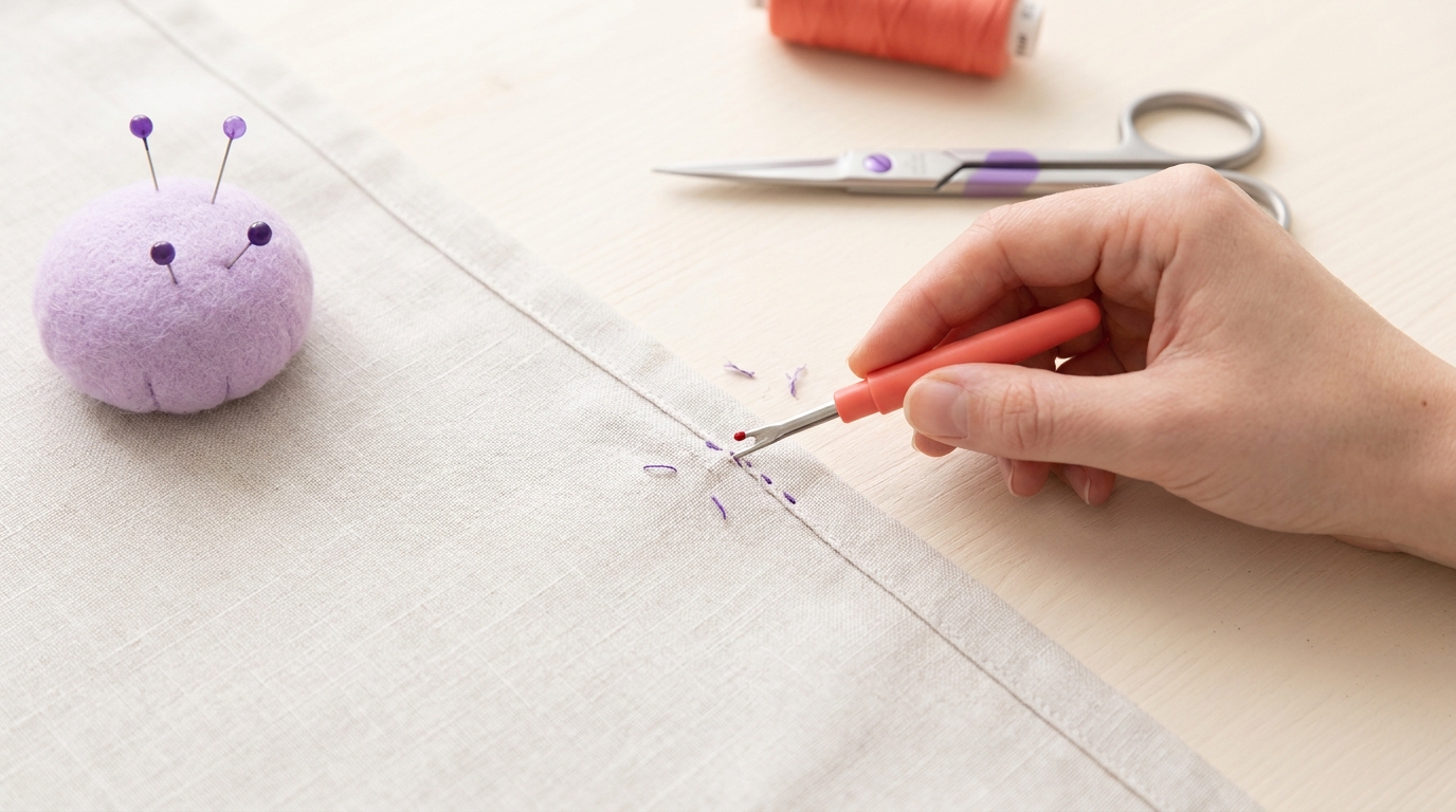 What are some safety tips for using a seam ripper close up of a hand unpicking a neat fabric seam with a seam ripper beside a small pincushion on a cream worktable