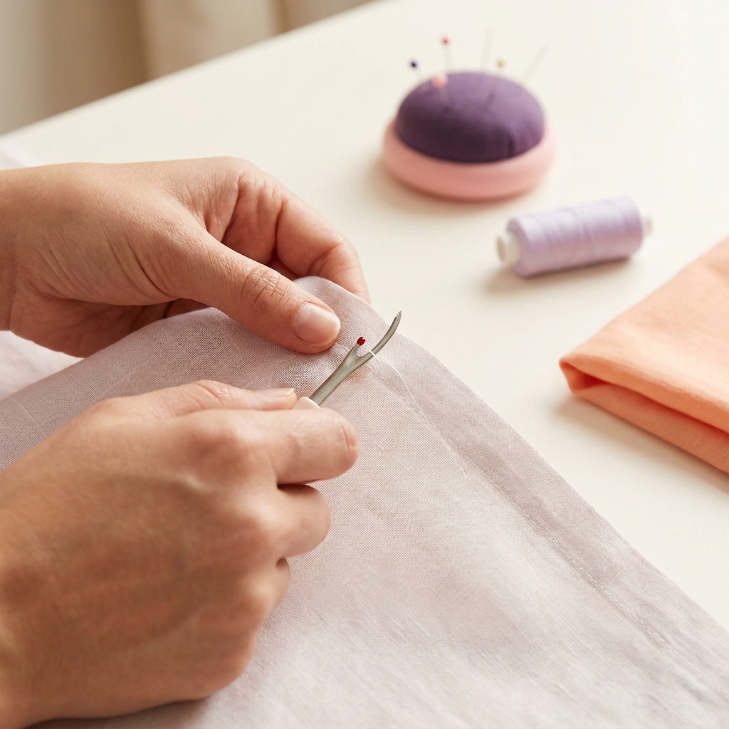 What are some safety tips for using a seam ripper close up of a curved seam ripper blade under a single stitch on delicate fabric hands steadying the cloth on a pale warm worktable with minimal props