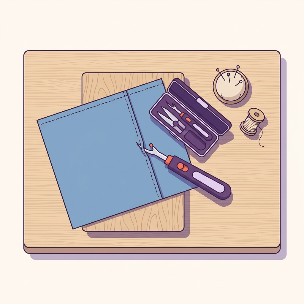 What are some safety tips for using a seam ripper wide 2D vector of a clean worktable with fabric over a small board seam ripper in a protective case good lighting minimalist layout