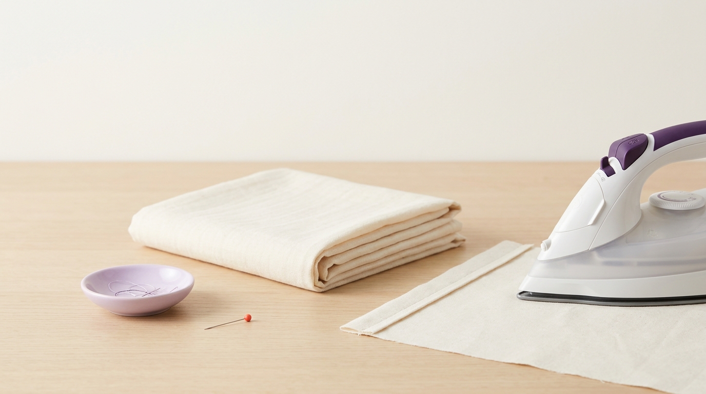 Tactile craft photo of a tidy worktable with folded muslin, steam iron and a pressed cotton seam illustrating should a pressing cloth be wet or dry