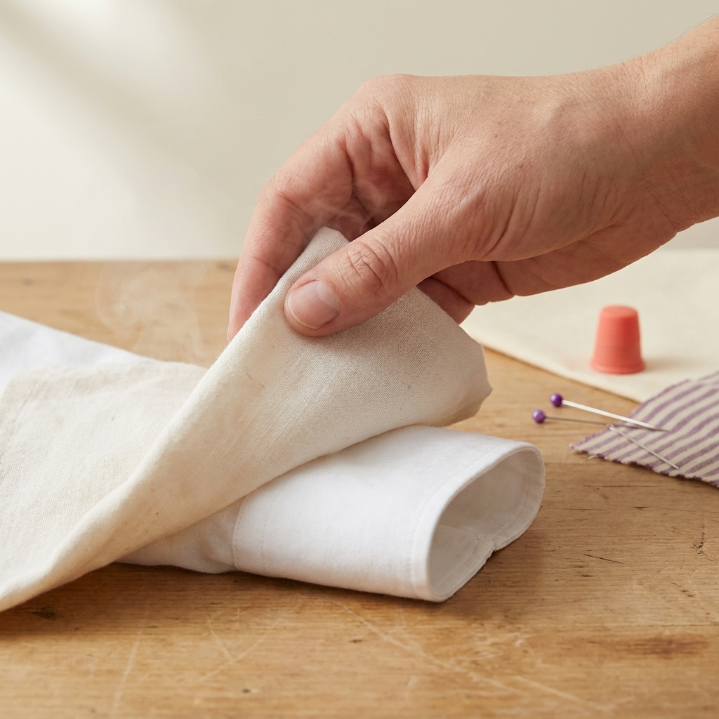 Close up of a lightly damp cotton pressing cloth folded over a white shirt cuff on a clean craft worktable showing texture and hand technique should a pressing cloth be wet or dry