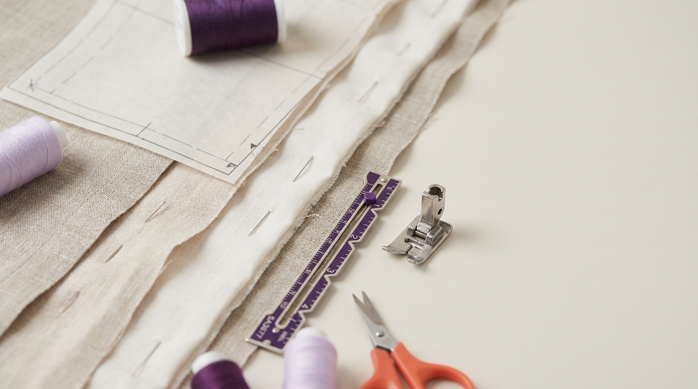 Close up tactile craft photo of layered fabric with a printed pattern piece pinned a metal seam gauge pins and a sewing machine presser foot on a tidy worktable