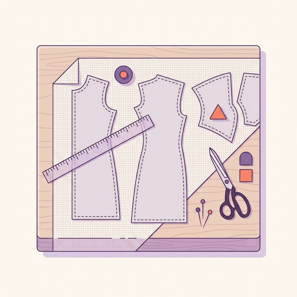 Vector illustration of dress pattern pieces on cotton fabric with dashed seam allowance guide and a transparent ruler showing tick marks only no numbers minimal tidy worktable scene