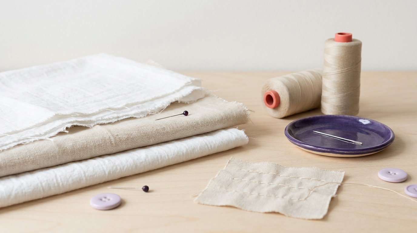 Cotton fabric layers with neutral polyester thread spools, a sharps needle and a small scrap showing test stitches