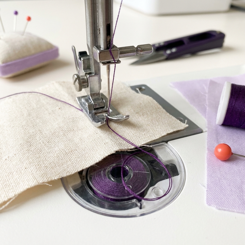 Close up tactile shot of a sewing machine needle stitching a cotton fabric scrap with polyester thread visible in bobbin and upper thread