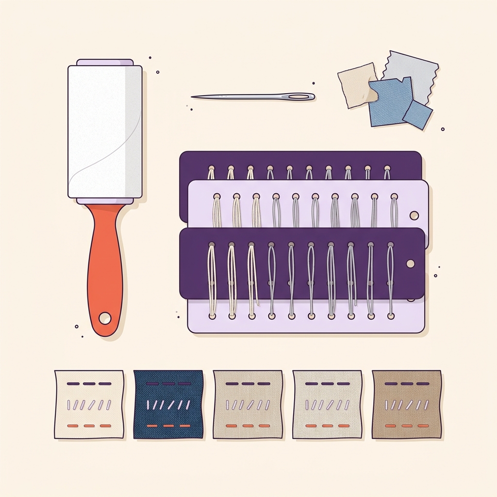 Overhead 2D vector of a minimalist craft table with lint roller thread sample cards a medium sharps needle and unlabeled fabric scraps showing test stitches