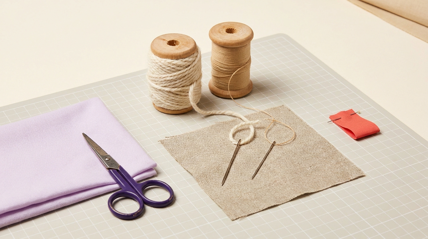 Two spools of thread with visibly different thickness on a tidy cream worktable with needles a subtle grid cutting mat and small scissors no visible text