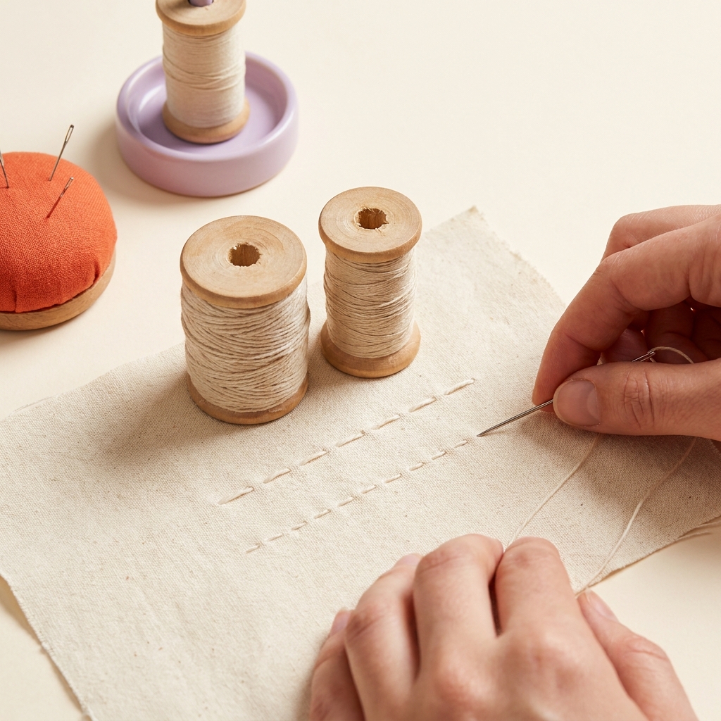 Close up of two sewing thread spools side by side on scrap cotton with parallel sample stitches showing thicker and thinner thread on a warm cream worktable, tactile craft scene