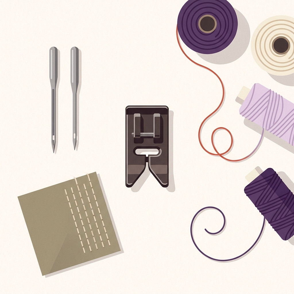 Top down vector of a tidy sewing machine worktable with two unlabelled needles of different thicknesses fabric scrap with test stitches and thread spools