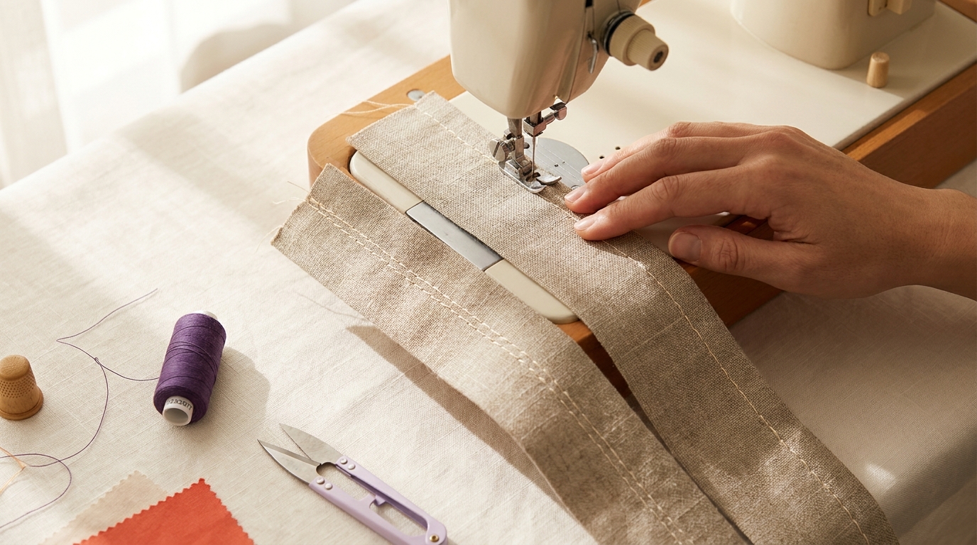 Close overhead view of fabric strips and a sewing machine foot with two parallel basting rows on linen under warm natural light tactile sewing scene
