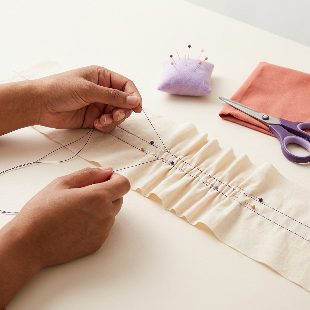 Hands pulling bobbin thread tails to create gathers on a skirt panel with pins holding distributed fullness