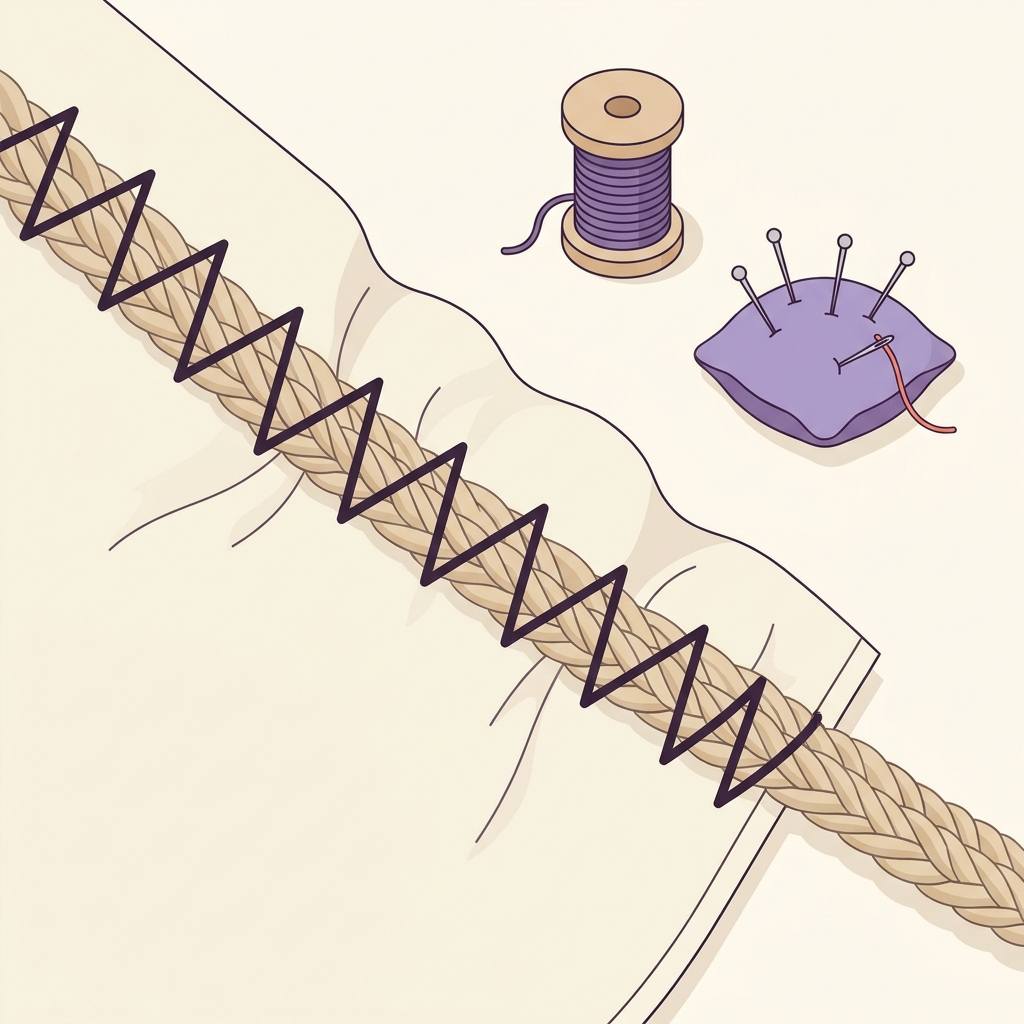 Close up 2D vector illustration of a zigzag stitch sewn over a sturdy braided cord on heavy canvas fabric on pale background