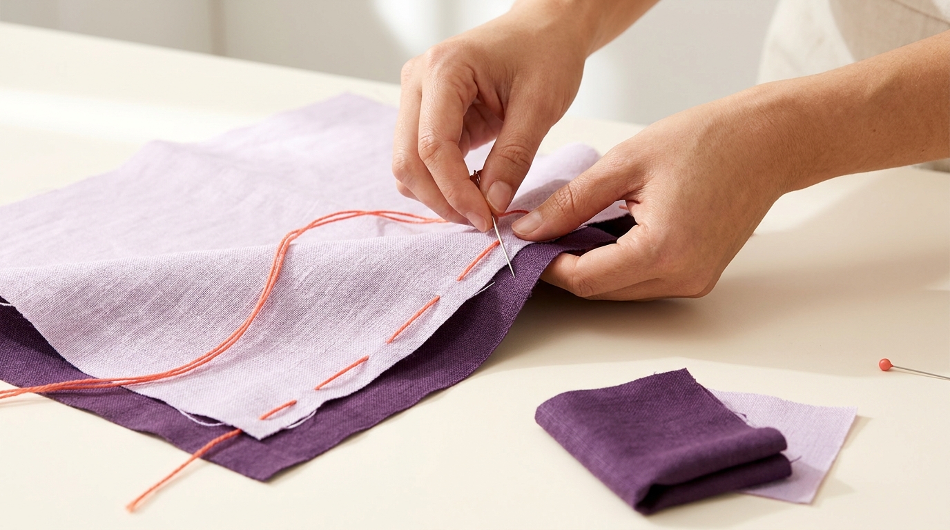 Close up tactile craft photo of hands holding a needle and contrasting basting thread across layered fabric on a clean worktable