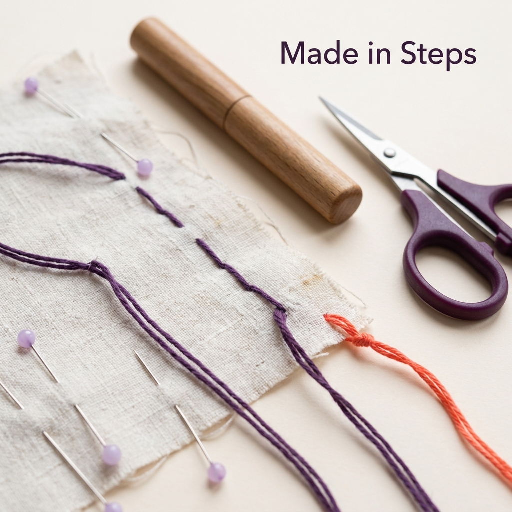 Close up of long loose basting stitches on scrap fabric with visible thread tails on a tidy worktable