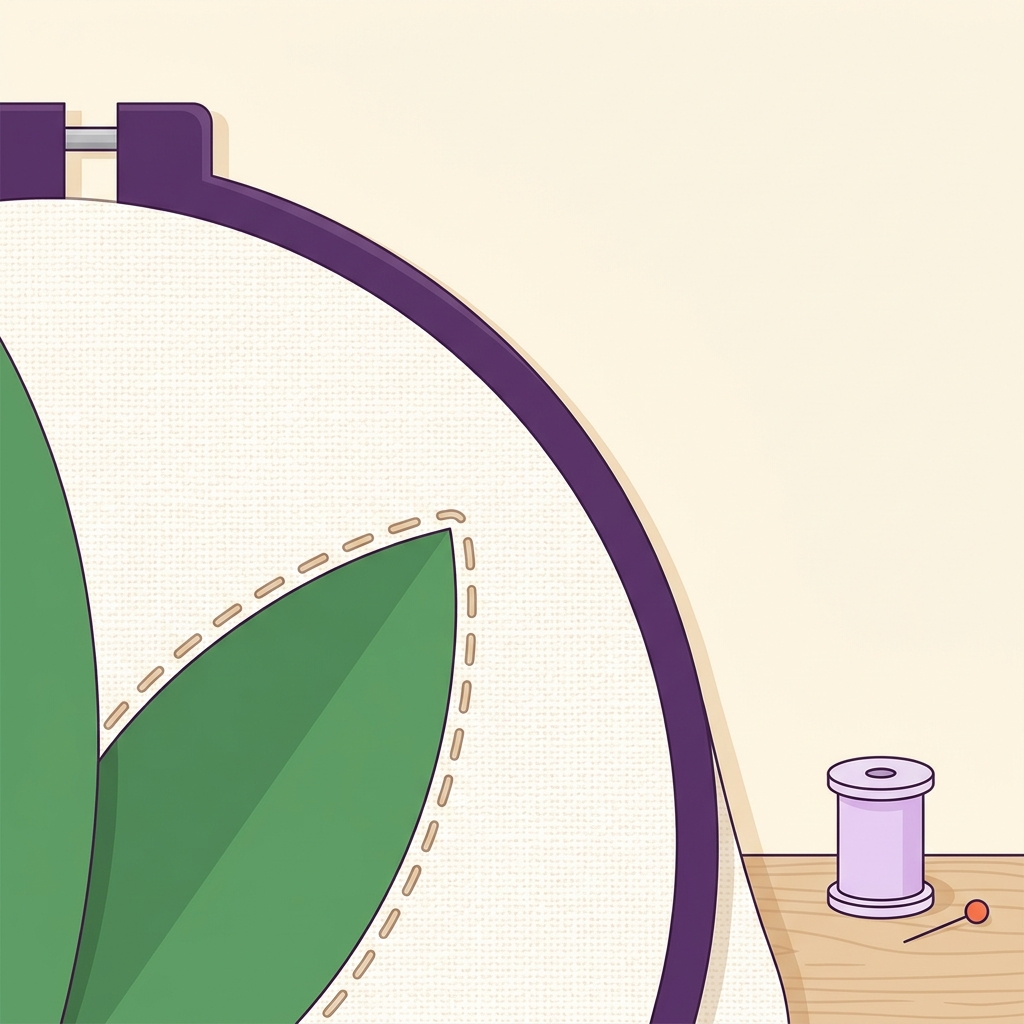 Close up 2D vector illustration of neat short running stitches along an outlined leaf on natural cotton fabric inside a partial embroidery hoop on a clean worktable with brand colors