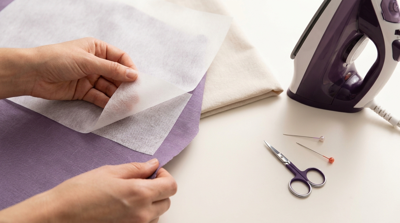 Overhead close up of fabric and fusible interfacing glue side visible with pressing cloth and iron for tutorial