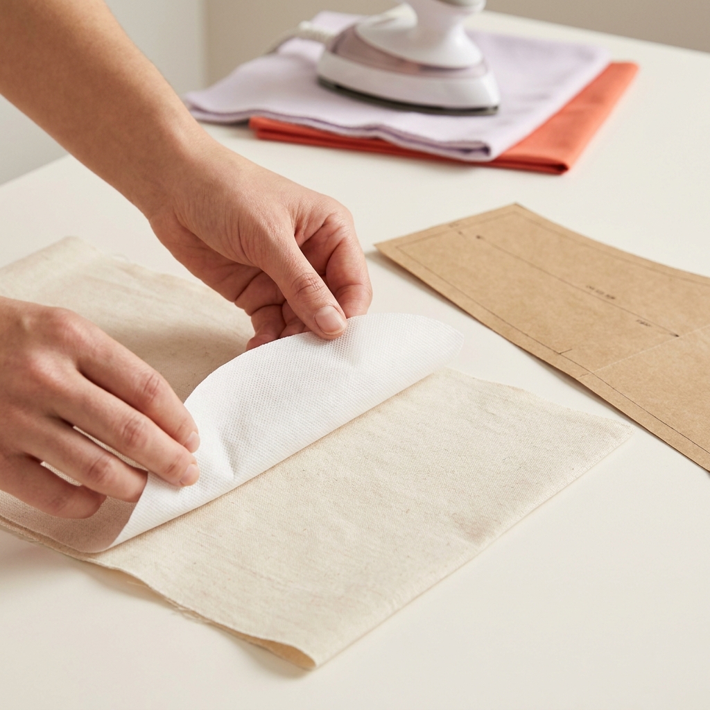 Close up of hands placing fusible interfacing adhesive side onto the wrong side of cotton fabric with a rigid paper pattern piece beside them on a clean worktable