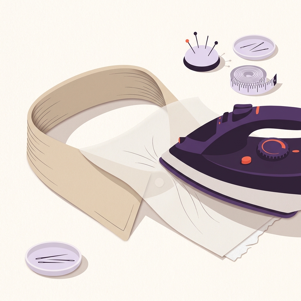 2D vector close up of an iron applying press and lift on a curved collar piece with a pressing cloth on a tidy worktable