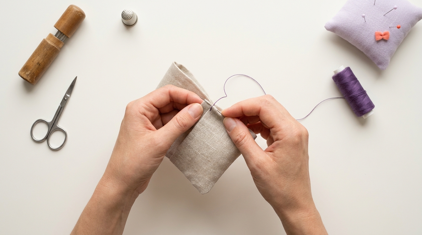 Overhead tactile craft photo of hands finishing a small fabric pouch with an invisible hand stitch on a neutral table