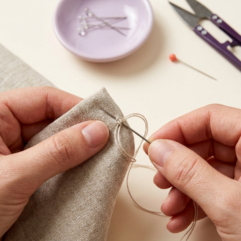 Close up of a needle taking a small horizontal bite into a folded fabric edge with the thread visible as a rung before tightening on a clean worktable