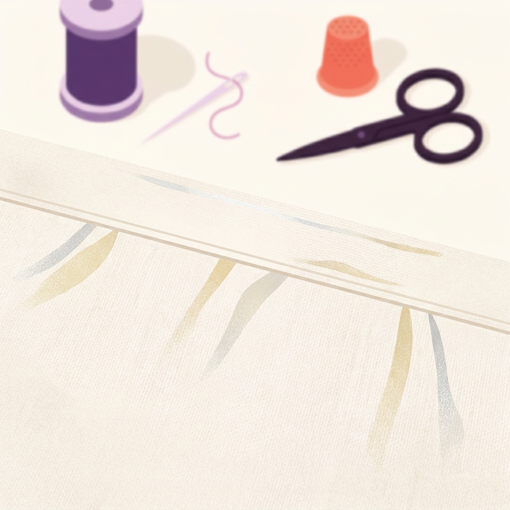 Vector close up of a finished seam with smooth exterior and no visible stitches on cotton fabric with a blurred background of sewing tools