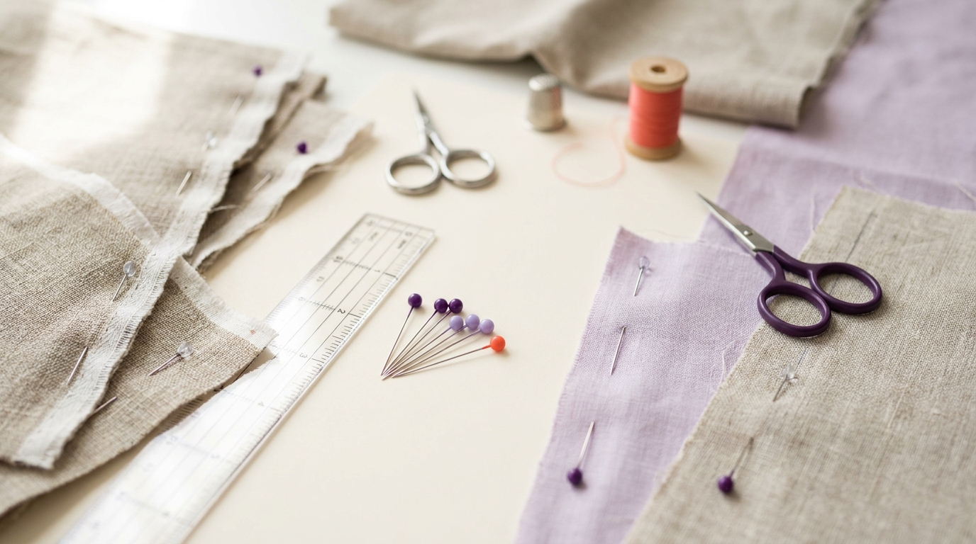 Overhead tactile craft photo of a sewing table with pinned fabric pieces showing visible selvage and a transparent ruler in natural light what does grain of fabric mean in sewing