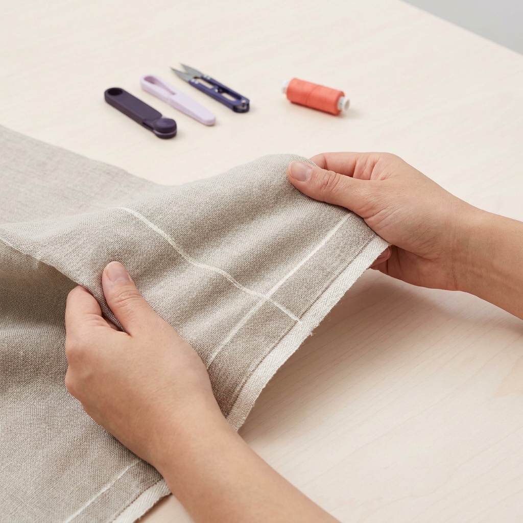 Close up of hands gently stretching a woven fabric showing a visible selvage and a chalk line on a tidy worktable asking what does grain of fabric mean in sewing