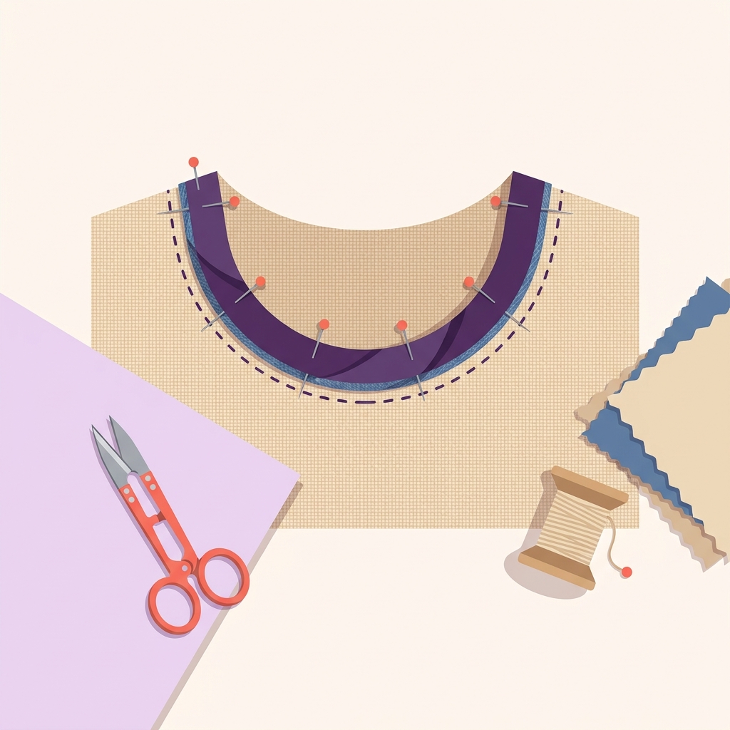 Top down 2D vector illustration of bias binding sewn around a curved neckline on a clean worktable with spool of thread scissors pins and visible fabric grain detail what does grain of fabric mean in sewing