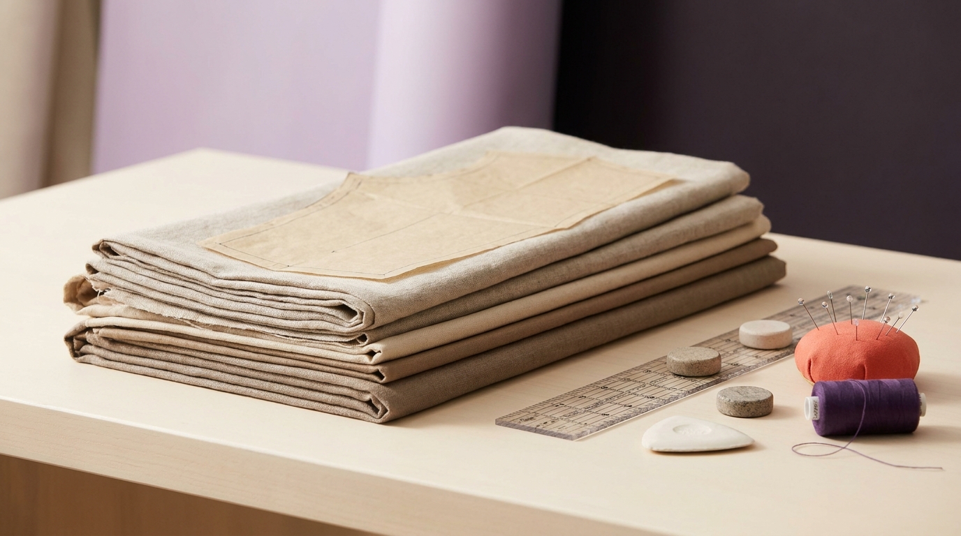 Close up of folded fabric yardage on a clean worktable with a pressed paper pattern piece and sewing ruler