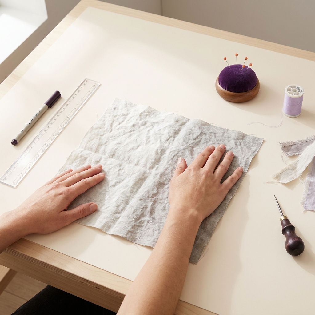 Hands arranging a freshly washed fabric swatch flat on a table with a fabric marker and clear ruler visible in a minimalist craft workspace