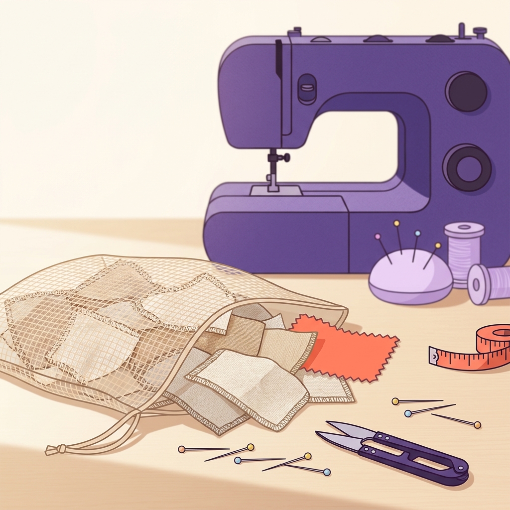 2D vector of a sewing worktable with a translucent mesh laundry bag of small natural fabric scraps and a sewing machine in soft focus warm light
