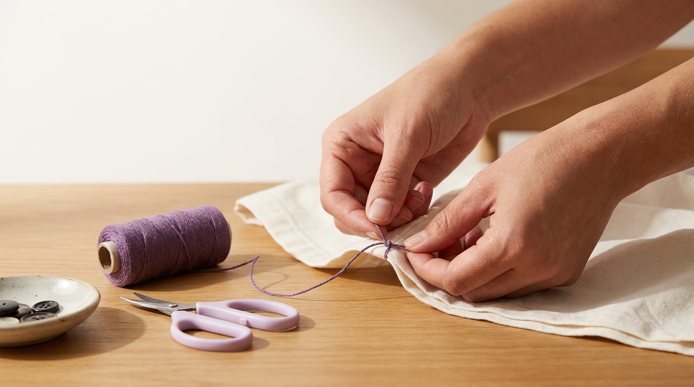 Close up of hands tying a small stitch knot at the edge of cotton fabric on a wooden table with natural light showing finger placement and thread