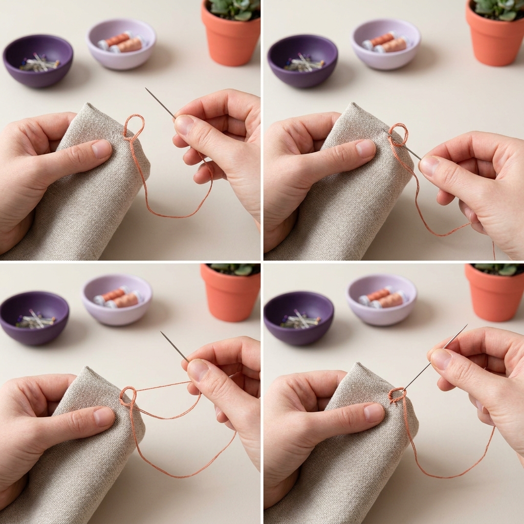 Close up step by step shot of hands forming a loop and passing a needle through the loop on medium weight fabric