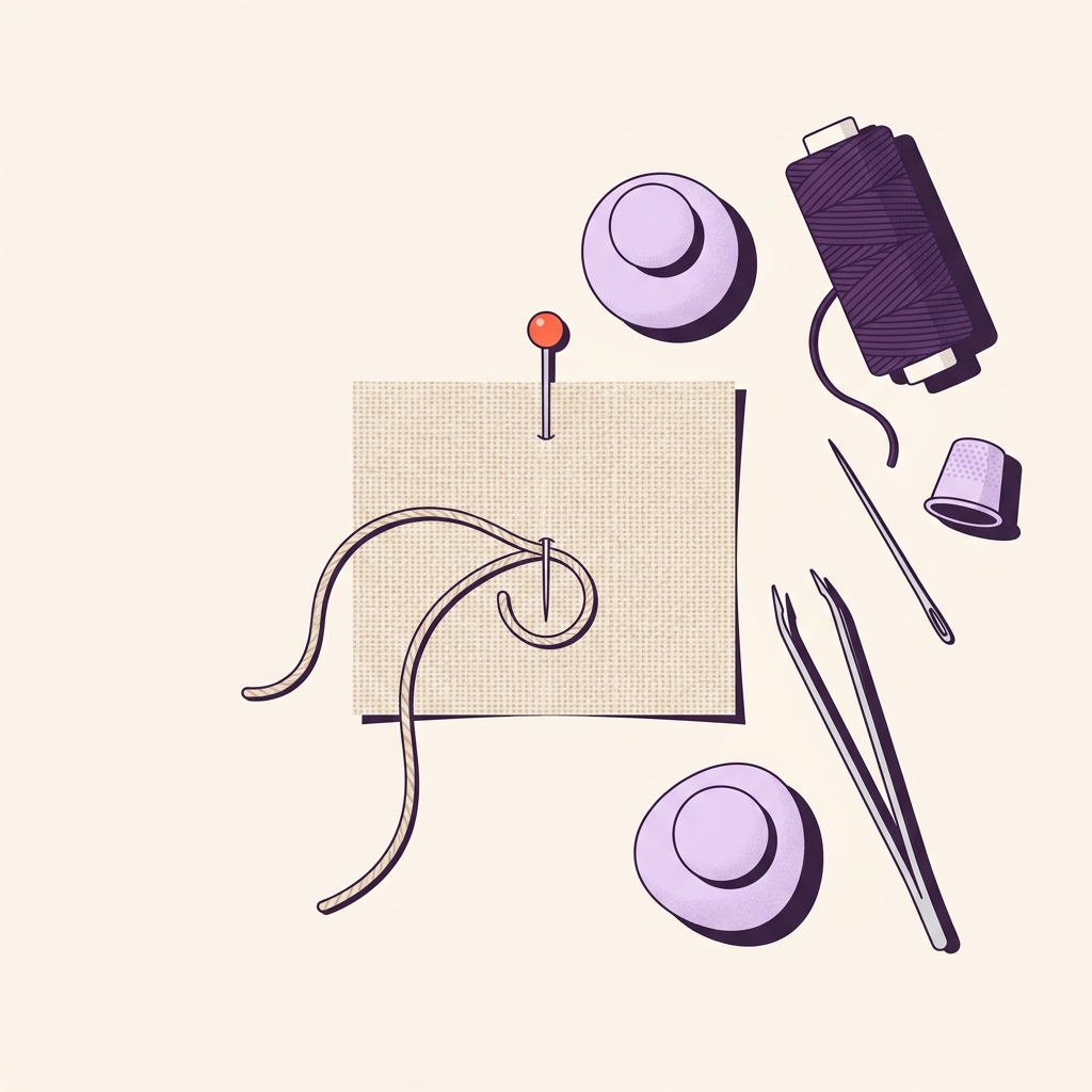 Minimalist vector editorial illustration of a pinned stitch loop on a beige fabric swatch showing a pin holding the loop exactly where the knot will land on a tidy worktable