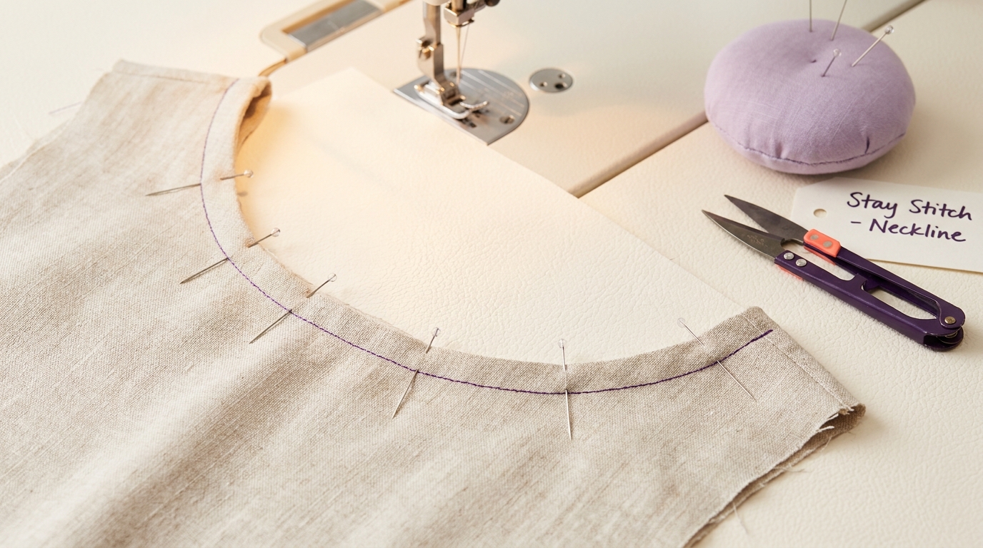 Curved garment neckline laid flat on a light worktable showing a marked stay stitch line with pins and a blurred sewing machine needle in the background