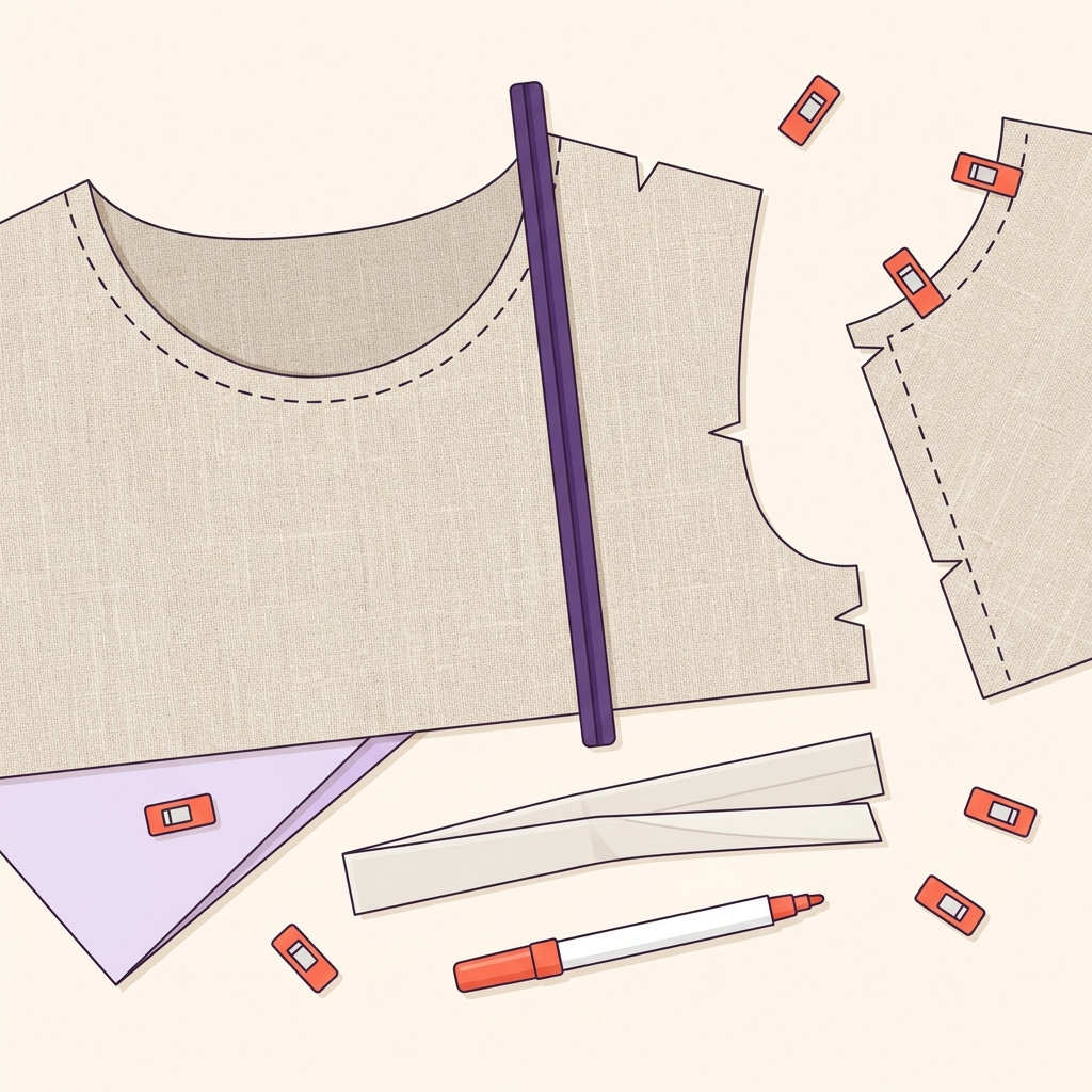 Top down 2D vector illustration of a tidy craft table showing narrow seam guide fabric marker stay tape and clipped neckline pieces