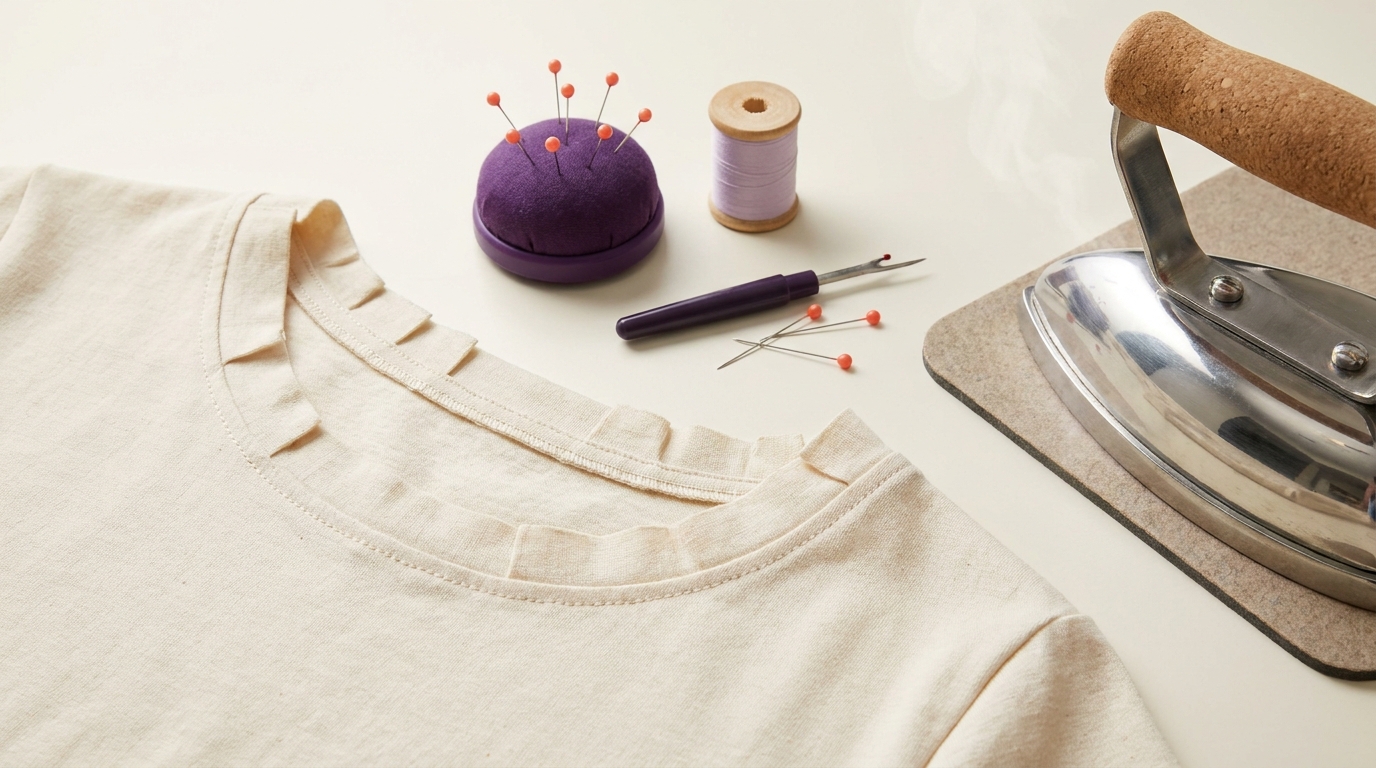 A neckline facing with trimmed seam allowances and understitching beside an iron and sewing tools