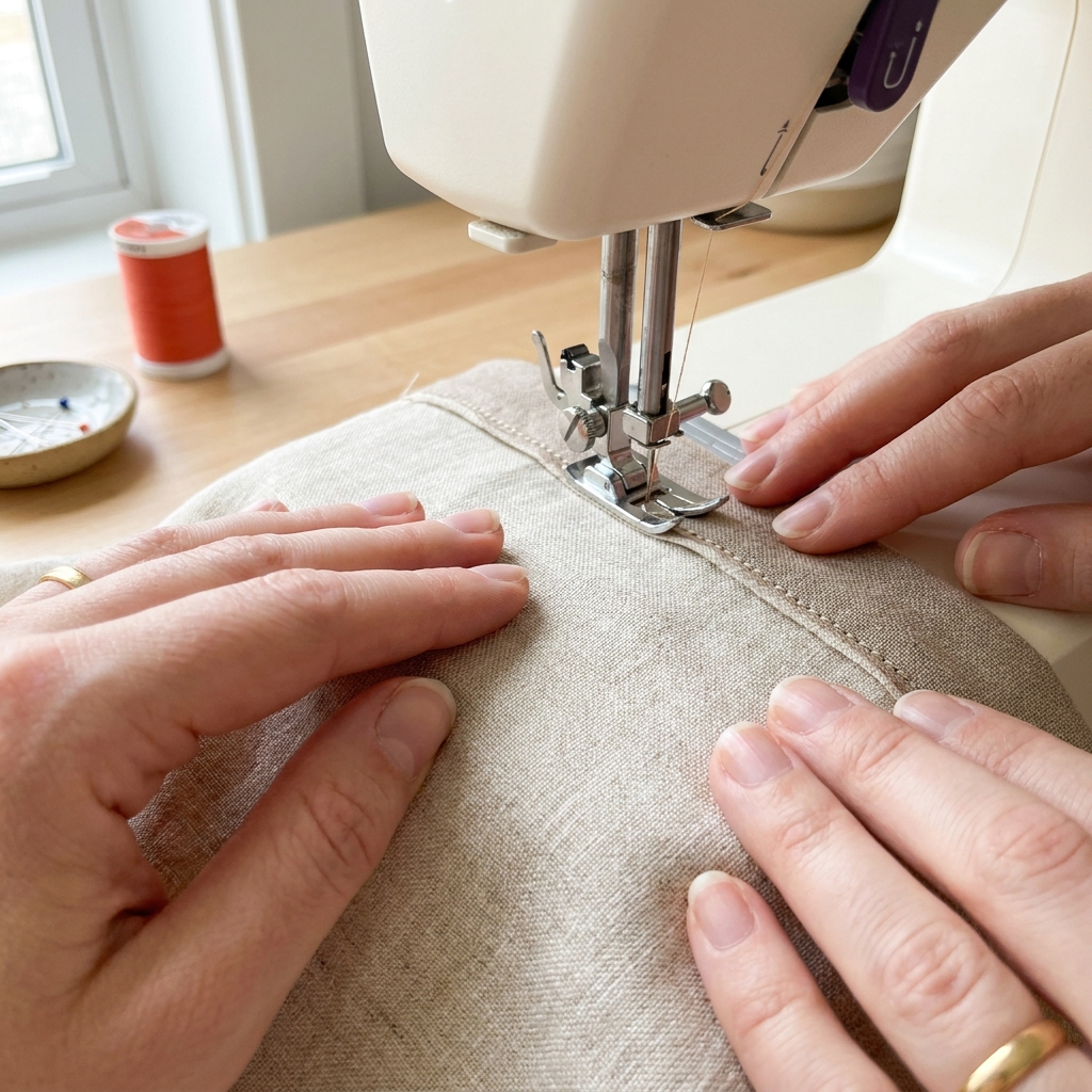 Close up of showing understitching sewn from the facing side with sewing machine needle and presser foot on the fabric edge and a pressed seam allowance on a clean pale background