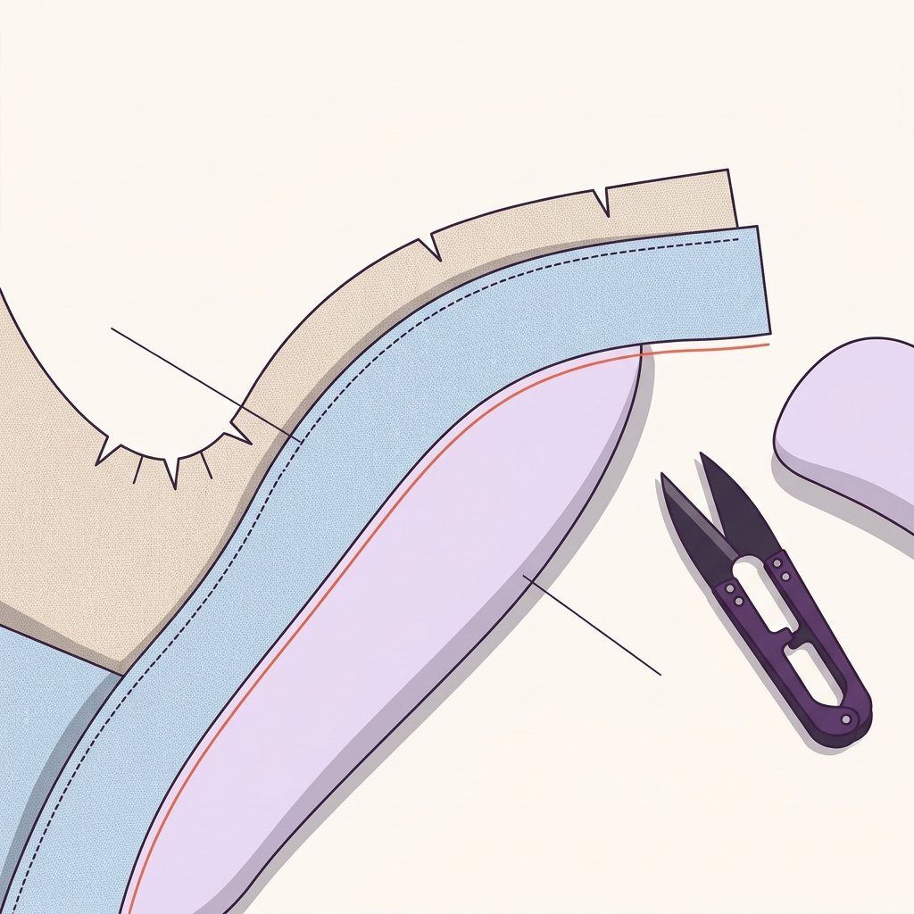 Close up 2D vector of clipped and notched curved seam allowances laid open and pressed toward the facing on a worktable showing neat stitch lines