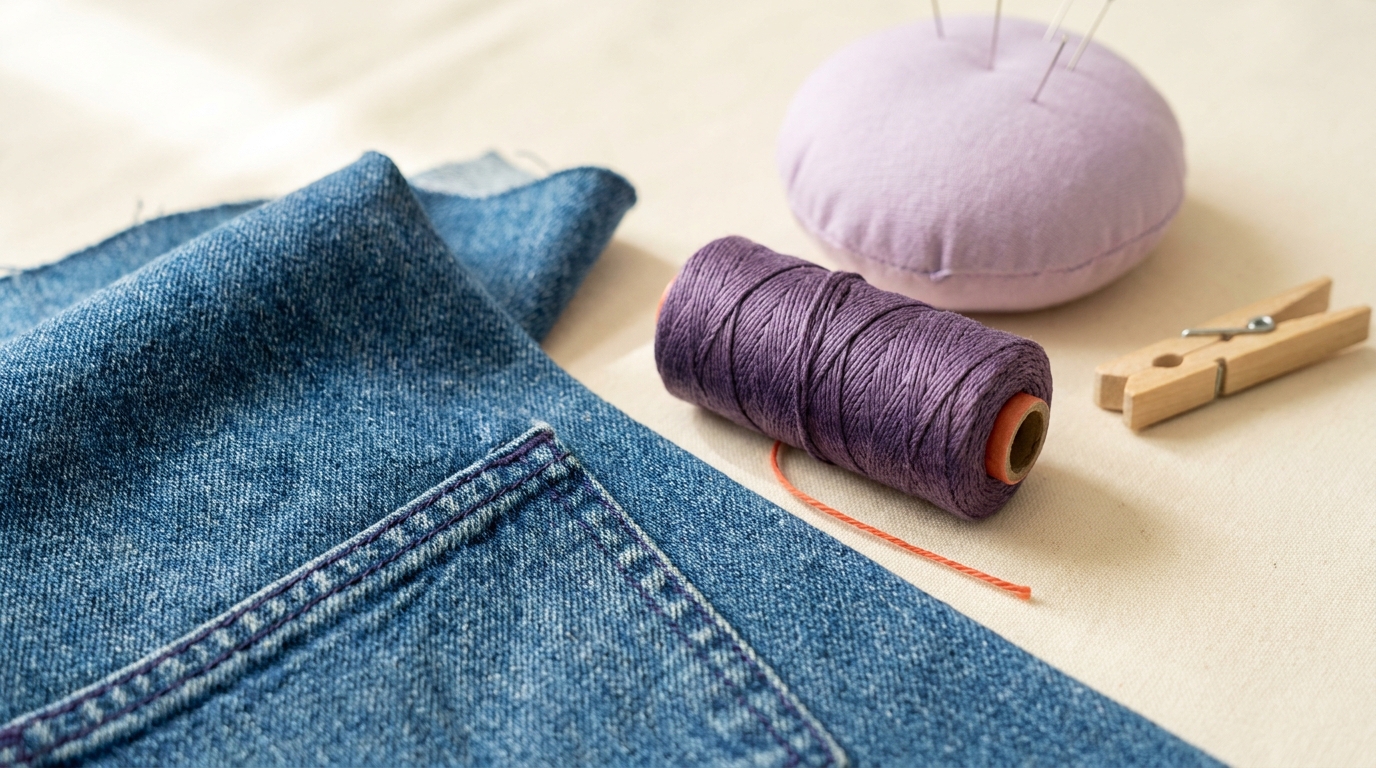 Close up tactile craft photo of denim pocket edge with heavy topstitch thread on a minimalist worktable showing and visible stitch detail