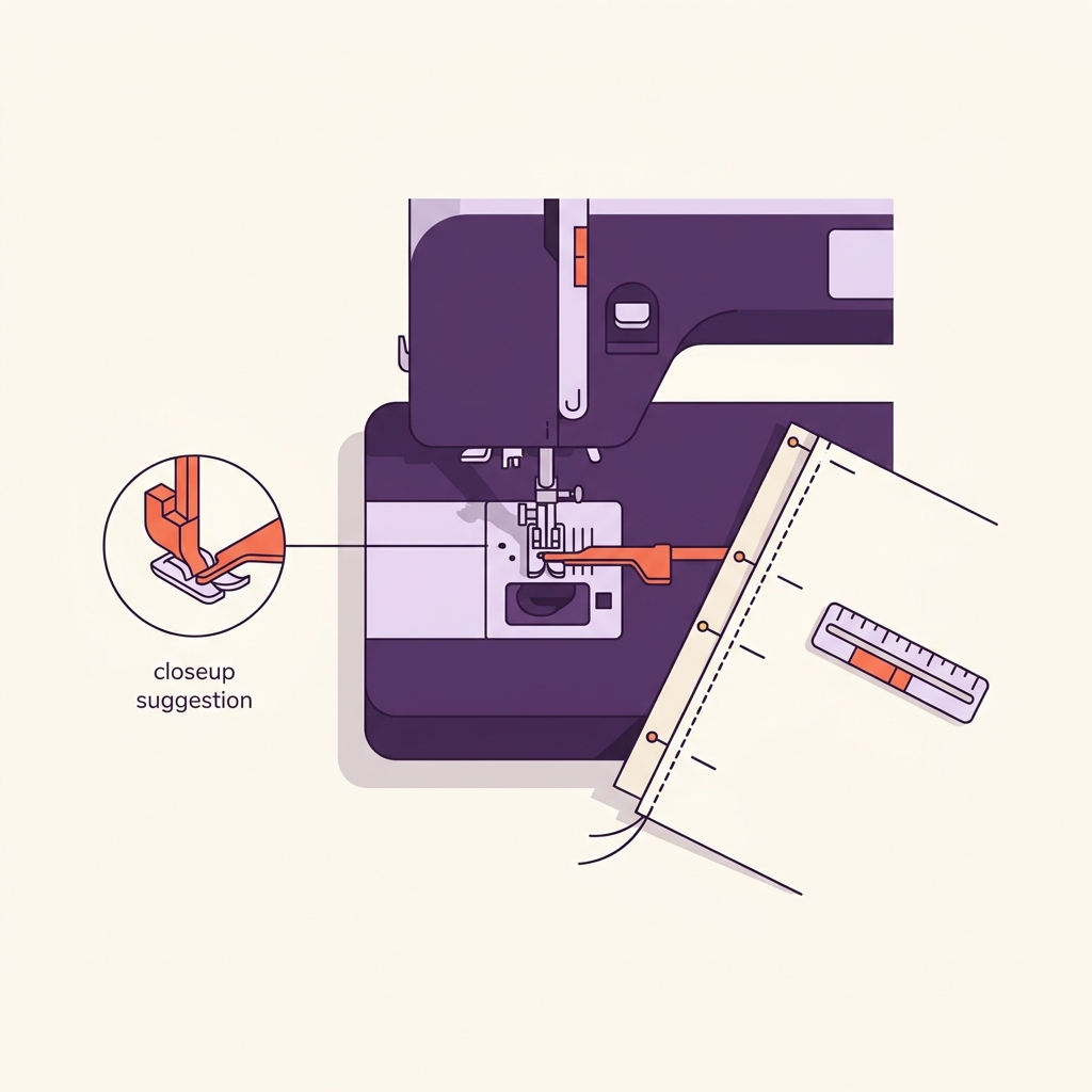 Overhead view of a domestic sewing machine with an edge foot and seam guide beside pinned seam allowances on a tidy worktable