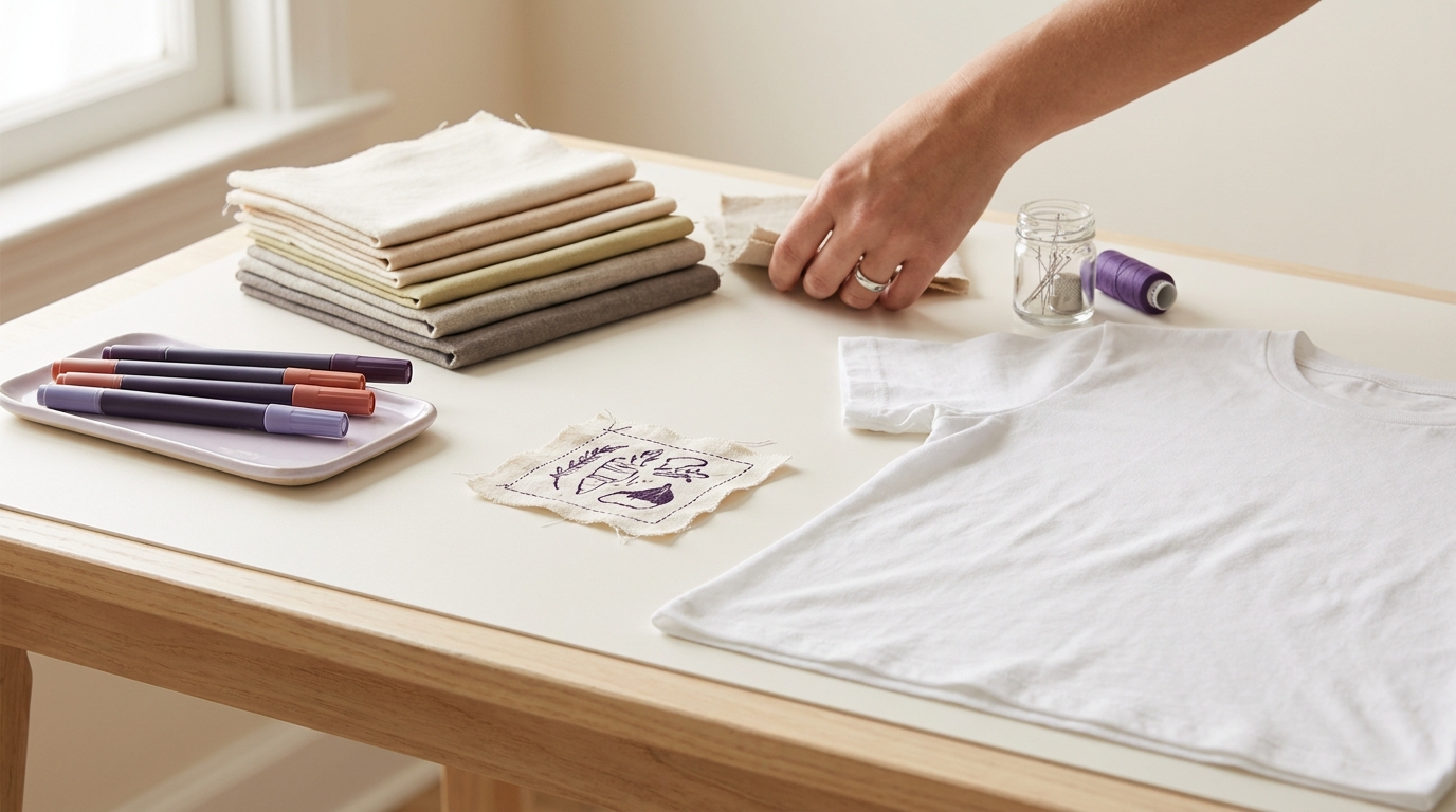 Top down tactile craft photo of a tidy worktable showing fabric swatches markers a scrap test square and a gently ironed cotton tee with a visible marker test area