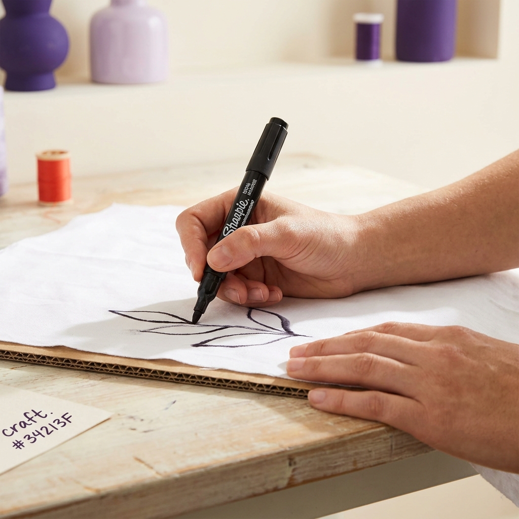 Close up of hands drawing a simple motif on white cotton with a permanent marker over cardboard to prevent bleedthrough