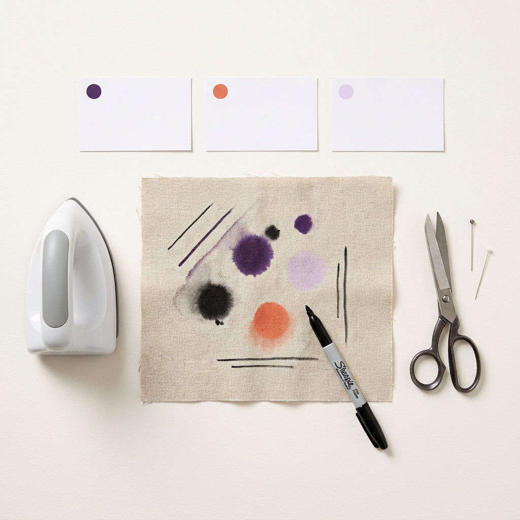 Overhead 2D vector illustration of a fabric test swatch showing several permanent marker samples with a capped marker and a small iron on a tidy worktable testing technique