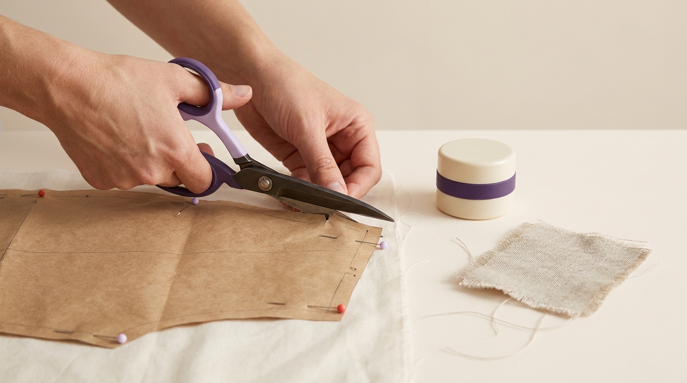 Close up of hands snipping a notch in paper pattern pinned to cotton fabric on a tidy worktable