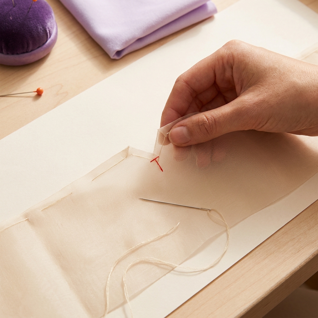 Close up of tailor tack and basting thread marking a notch on sheer fabric on a light worktable showing sewing technique and materials